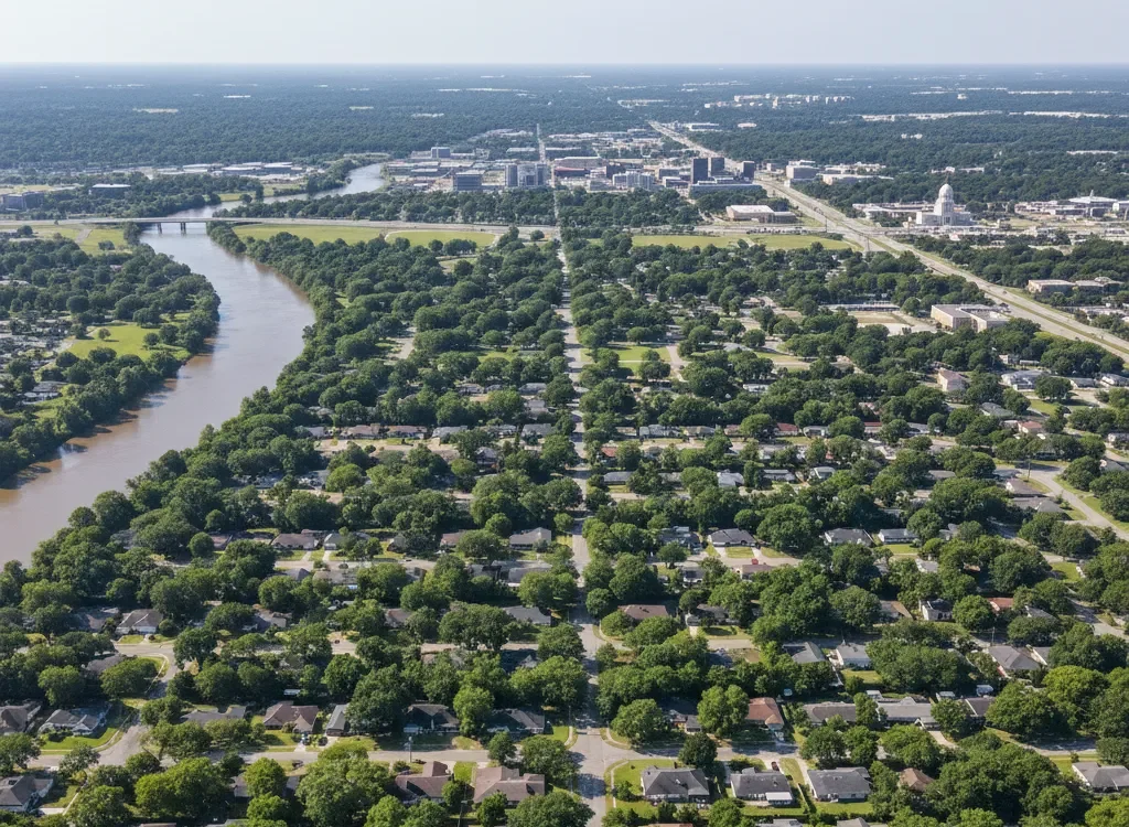 Aerial view of a green neighborhood in Gonzales, highlighting the need for electrical panel upgrades