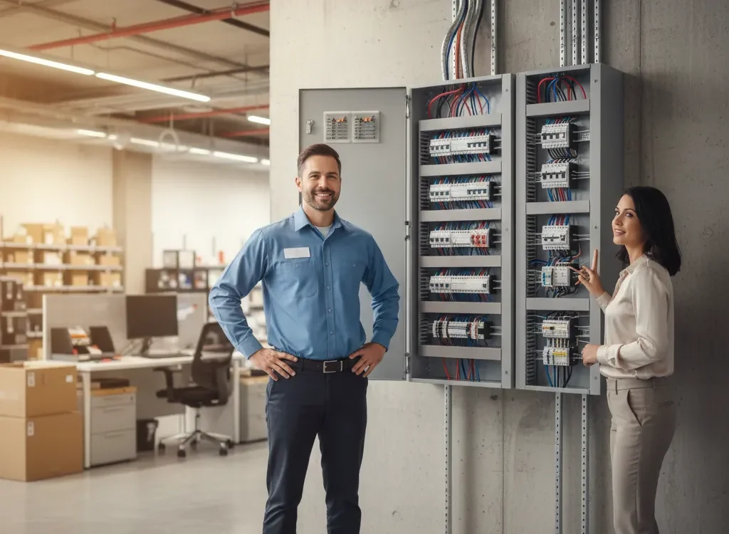 Electrical panel upgrade Denham Springs with a man and woman discussing installation details