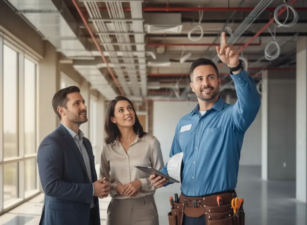 Contractor discusses Parking Lot Lights Baton Rouge project with clients in office space