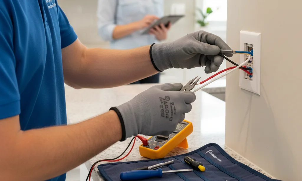A person repairs electrical wiring while another individual observes with a tablet