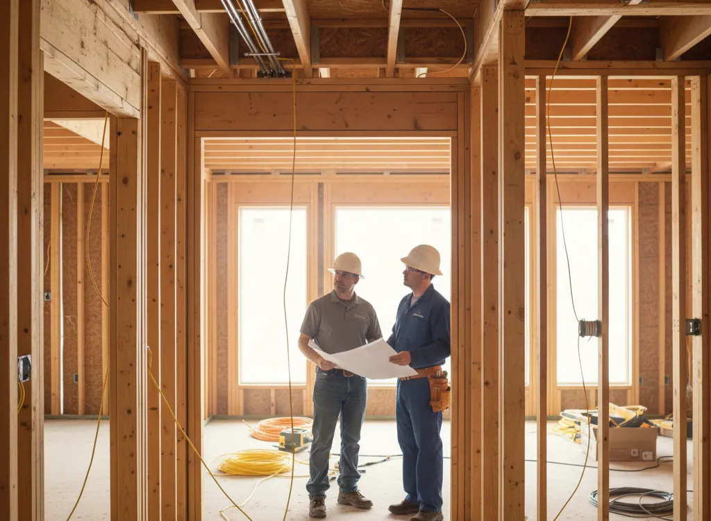 New construction electrician Baton Rouge reviews blueprints with a colleague in a wooden framework