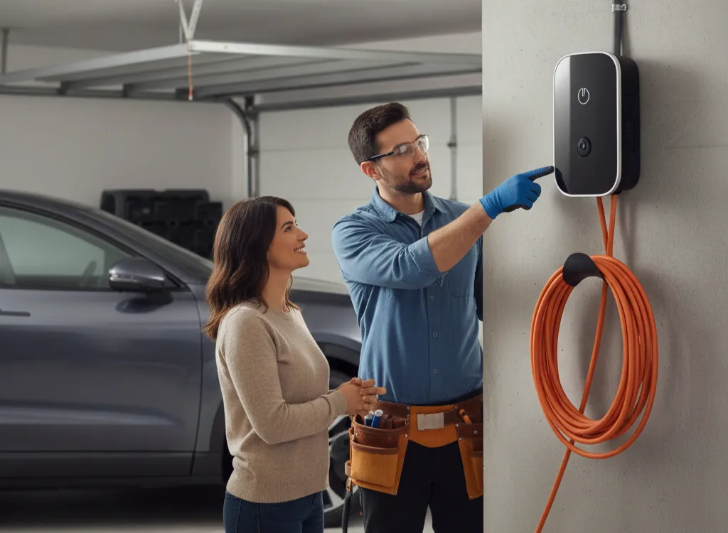 Man demonstrating EV charger installation in Baton Rouge to a woman