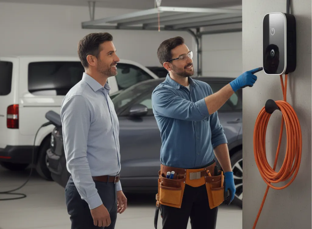 EV Charger Installation Baton Rouge with two men discussing the wall-mounted charger in a garage