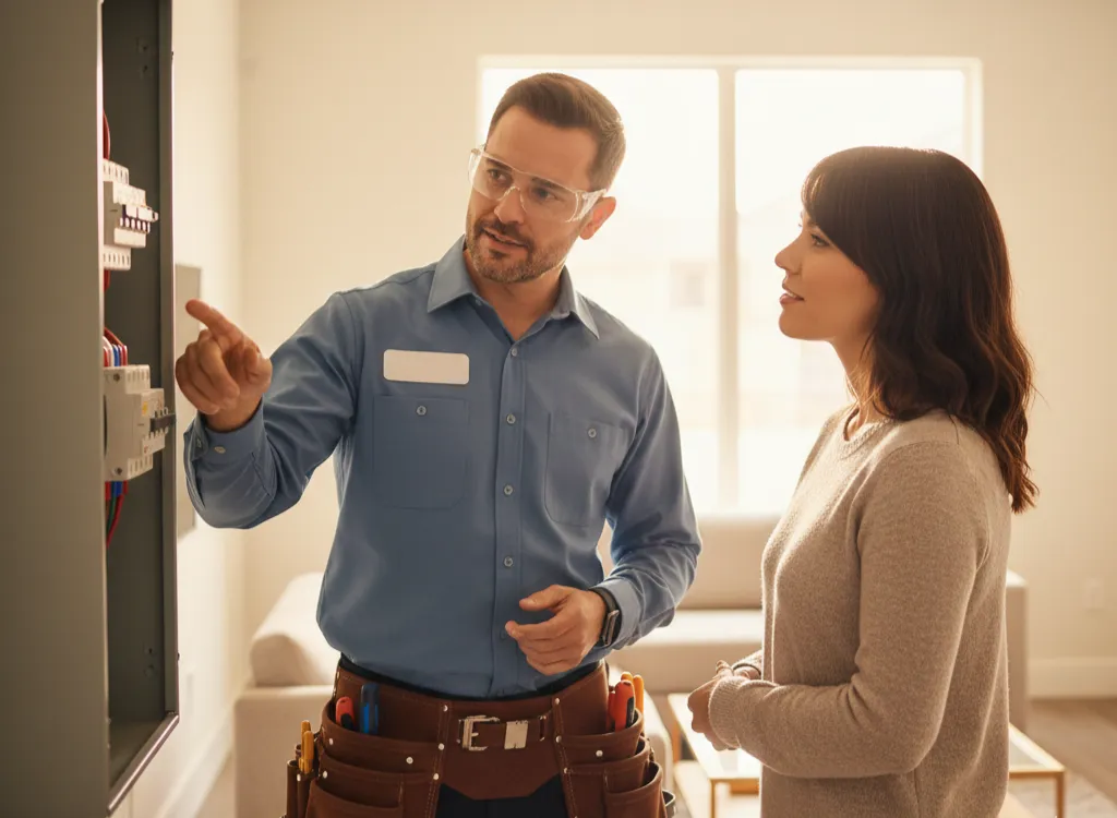 Technician discusses security light installation with a woman in a well-lit room