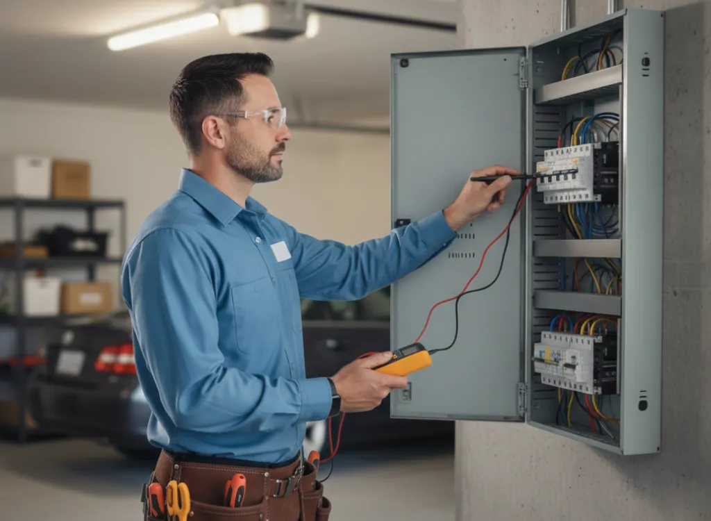 Residential electrician Baton Rouge testing electrical connections with a multimeter in a circuit panel
