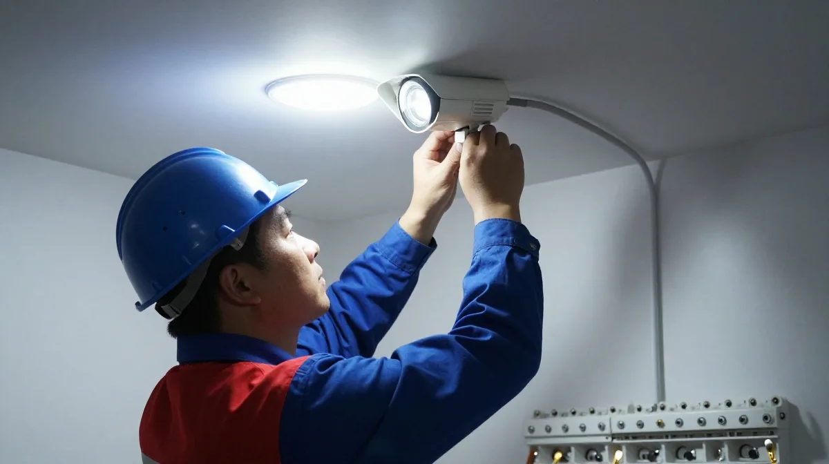 A worker in a blue uniform installs a light fixture on the ceiling